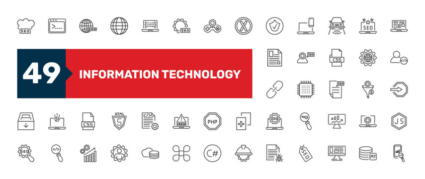 information technology icon set with code listing, microchip, seo management signs in flat outline style