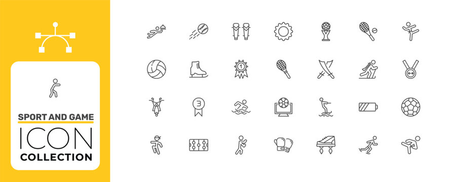 sport and game icon set with equipment, ice skating, jet surfing signs in flat outline style