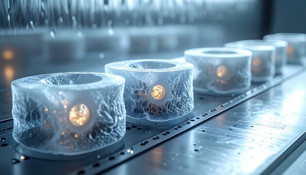 Microscopic view of superconducting rings exhibiting faint internal luminosity and intricate frozen textures