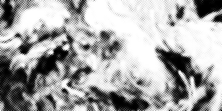 Black halftone wave background. Abstract grainy fluid texture. Dotted curved dot flow wallpaper. Grit swoosh overlay element for poster, banner, brochure, flyer, leaflet, template. Vector backdrop