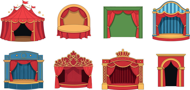 Theater stage set with curtains circus tent and podium vector illustration collection performance scenes isolated design pack