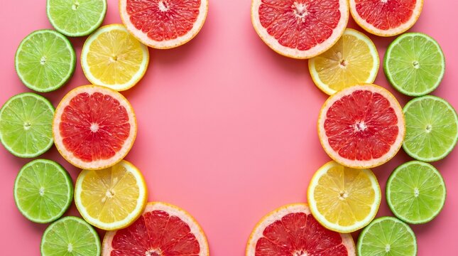 A neat circular ring of alternating citrus slices &mdash; lime, lemon, orange, grapefruit &mdash; arranged on a soft pink background, bright, colorful, and symmetrically composed with an empty center.