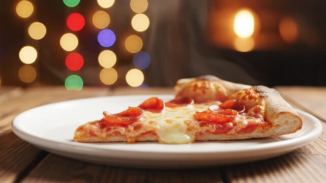 Warm cheesy pepperoni pizza slice served on a white plate with blurred festive