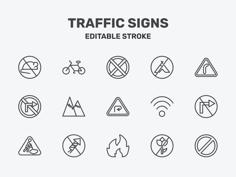 traffic signs icon set with no stopping, no camping, right bend signs in flat outline style