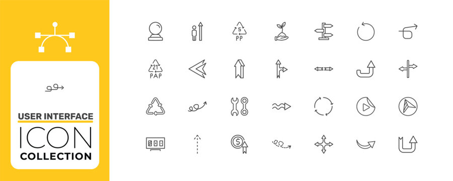 user interface icon set with hand and sprout, arrowheads, spinning arrows signs in flat outline style