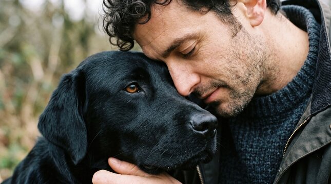 Emotional bond between man and black labrador dog with forehead touch and closed eyes outdoors labrador friendship