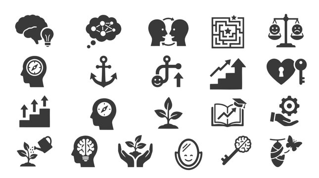 Personal development and psychology icon set. Flat black vector glyphs for mental health, life coaching, and mindset UI design. Essential self improvement symbols.