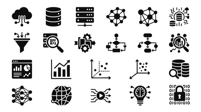 Premium Big Data and Cloud Computing Solid Icon Set. Essential data analytics, machine learning, and server vector symbols for tech UI design and business dashboards.