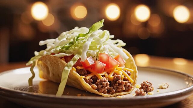Delicious beef taco with toppings served on a stylish plate in warm ambient