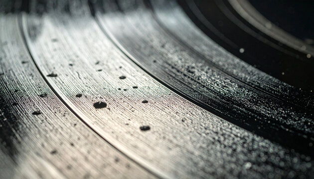 Close up of a vintage vinyl record with water droplets on a reflective surface