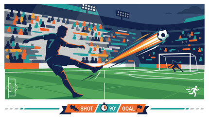 A dynamic flat design illustration captures a soccer player launching a powerful long-range shot, with the stadium crowd a blur in the background.  © abecede11