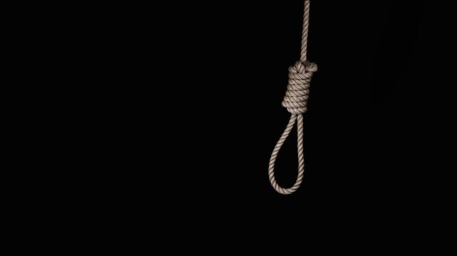 rope noose with hangman knot in front of dark background. suicide loop. suicide loop. the gallows. the loop dangles. rope noose with hangman knot in front of dark background,