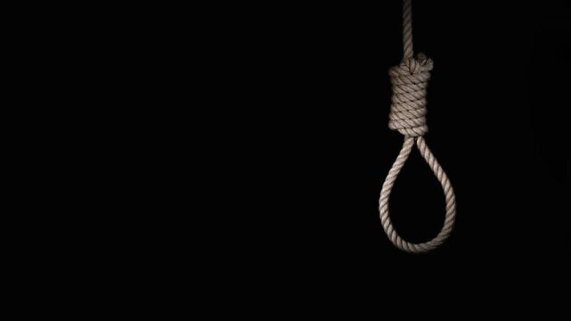 rope noose with hangman knot in front of dark background. suicide loop. suicide loop. the gallows. the loop dangles. rope noose with hangman knot in front of dark background,