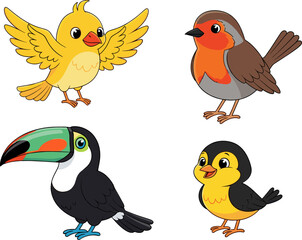 Cute Bird Vector Illustration Set with Chick, Robin, Toucan, and Flying Cartoon Birds for Kids Design, Wildlife Education, and Nature Projects © monoara