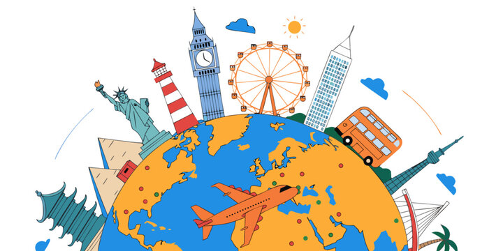 Travel globe illustration featuring famous landmarks buildings and commercial airplane landmarks airplane vacation adventure monuments sightseeing international destination transportation
