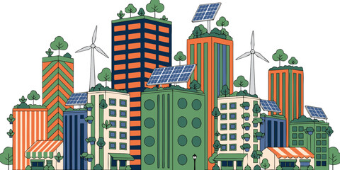 Eco friendly modern city buildings with solar panels and vertical green gardens on roofs sustainability buildings architecture environment renewable innovation illustration development © Mamun