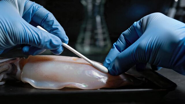Food laboratory squid specimen dissection and sample testing in gloved hands