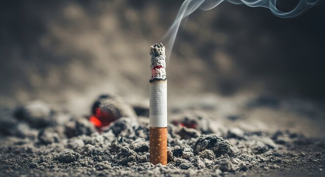 A cigarette butt smoldering in ash