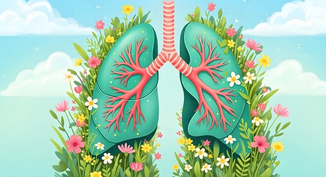 Healthy lungs surrounded by vibrant flowers and greenery