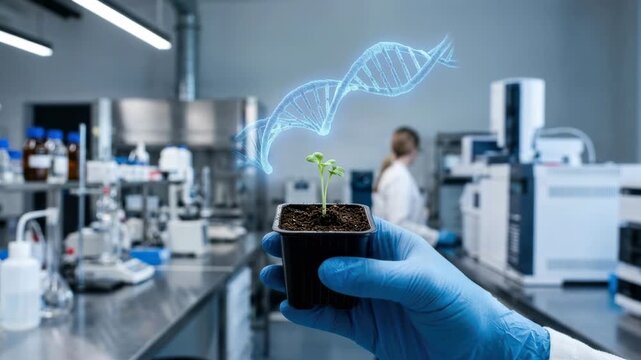 Laboratory Food Plant Seed in Gloved Hand with DNA and Genetics Research Science