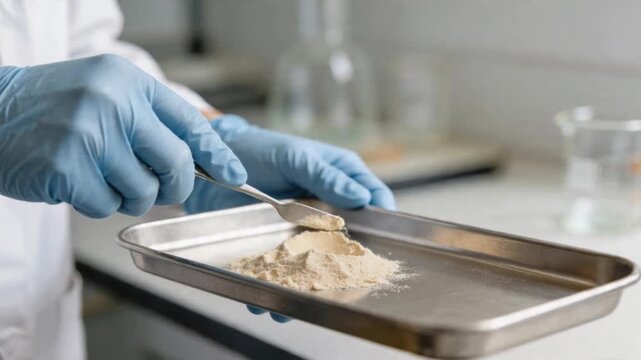Food Laboratory Sample Tray Blue Glove Spoon Powder Analysis with Gloved Hand Metal Tray