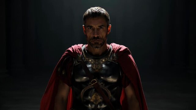 Roman legioner in full armor, Ancient Rome character, historical video. Isolated warrior on black background