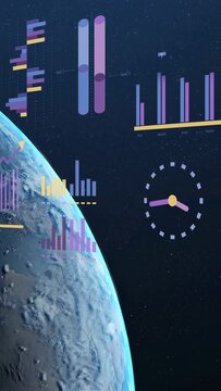 Vertical video: Earth rotating, camera panning, UI staying fixed, showing tech charts and clock