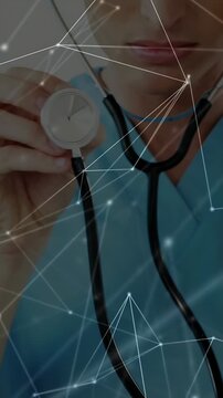 On earpiece tap network overlay animating while doctor rotating steth toward camera for diagnostics