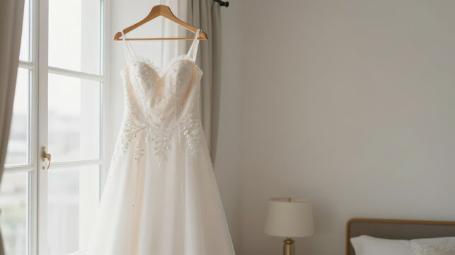 Elegant wedding dress with delicate beading and tulle bodice hanging by window in softly lit bedroom evoking romantic anticipation and calm