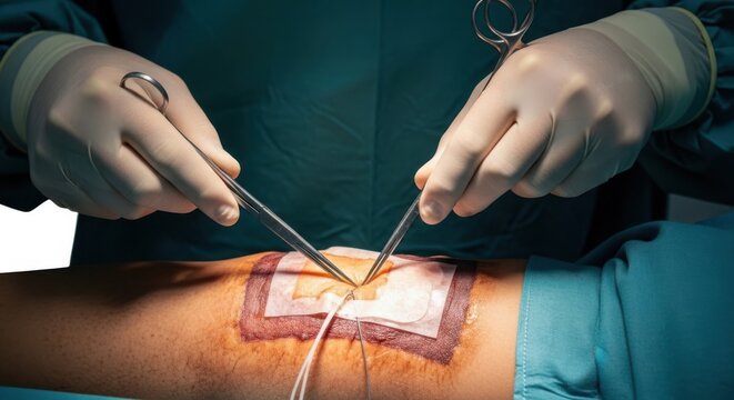 Medical professionals performing precise surgical suturing on a patient