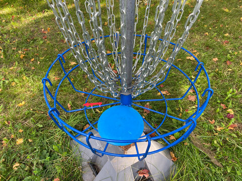 Detailed view of blue circular target basket and silver chains for disc golf. Metal equipment for outdoor sports activity located on green lawn with fallen autumn leaves.