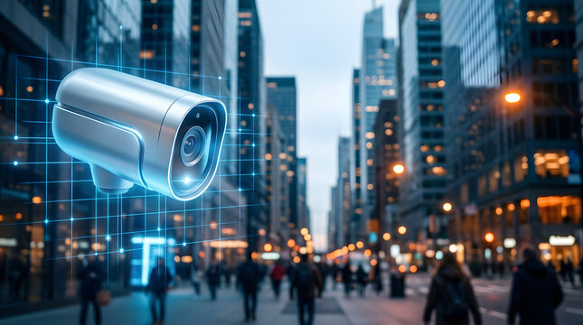 Modern CCTV Surveillance Camera with Digital Grid Overlay in Smart City Street