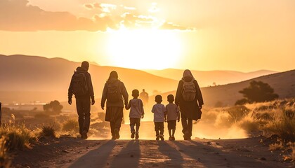 Obraz premium A family walks down a dusty road at sunset
