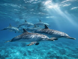 Fototapeta premium Dolphins swimming in sunlit blue ocean water