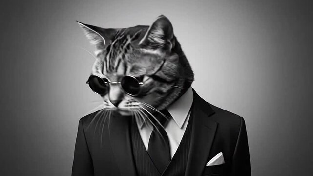 A stylish cat in a suit and sunglasses.