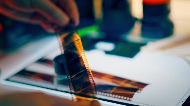 Analog film strip holding hand photography archive inspection closeup. Vintage negative frames light transmission detail macro sequence review process creative workflow retro media