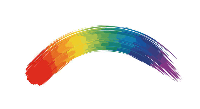 A vibrant rainbow-colored brush stroke arching across a white background, symbolizing creativity and diversity.