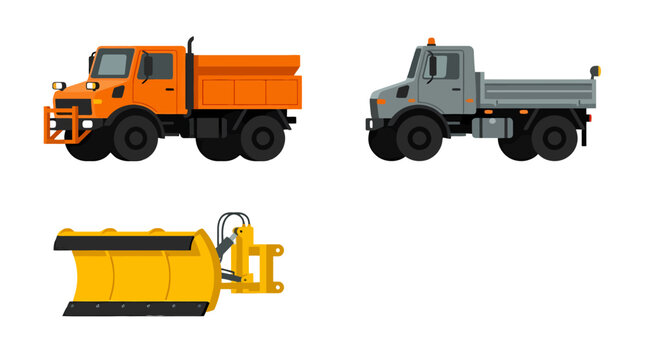 Heavy Duty Utility Trucks and Snowplow Attachment Set Isolated on White Background.