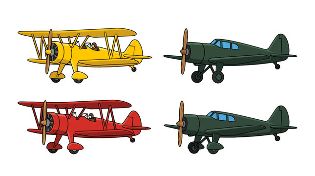 Set of vintage biplanes and propeller airplanes in cartoon style.
