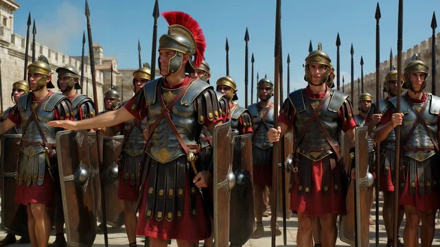 Disciplined Roman legionaries in authentic armor marching in unison within ancient stone fortress, displaying military precision and power in historical reenactment video footage