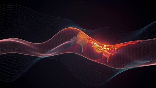 Glowing digital energy wave flows across a dark background in a futuristic three dimensional rendering