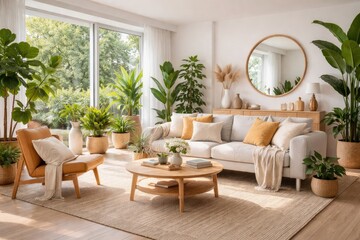 Fototapeta premium Sunny modern living area with Scandinavian furniture and vibrant indoor plants