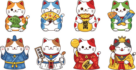 Naklejka premium Cartoon Maneki‑neko Lucky Cat Vector Collection Featuring Outfits, Accessories, and Cultural Symbols of Fortune and Prosperity for Branding and Educational Designs