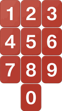 Set of transparent red rounded square buttons with numbers zero through nine in a clean modern design for interfaces.