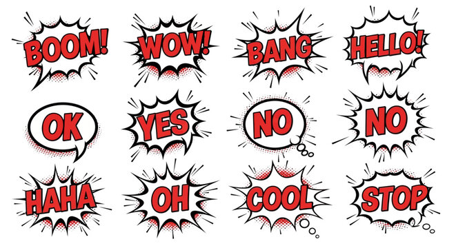 Comic Book Speech Bubbles with Words: Boom, Wow, Bang, Hello, OK, Yes, No, Haha