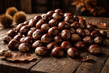 Fototapeta premium Rustic wooden table topped with a large heap of whole natural chestnuts