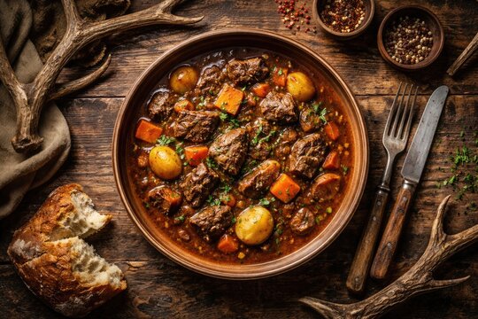Rustic venison goulash plated on wooden table with antlers and cutlery top perspective wide format