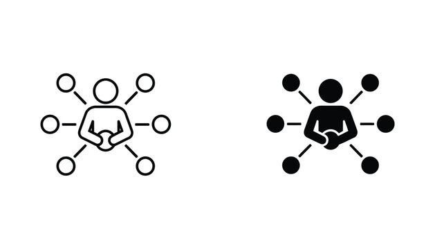 Person connected to multiple nodes icon set in line art and solid black graphic style for networking and social connection concepts