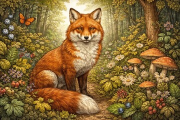 Fototapeta premium Intricate illustration for coloring showing a graceful red fox amidst forest flora