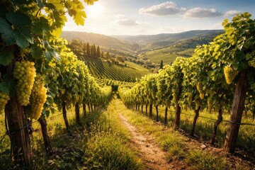 Naklejka premium Vibrant vineyards flourishing under summer sunlight showcasing agricultural growth